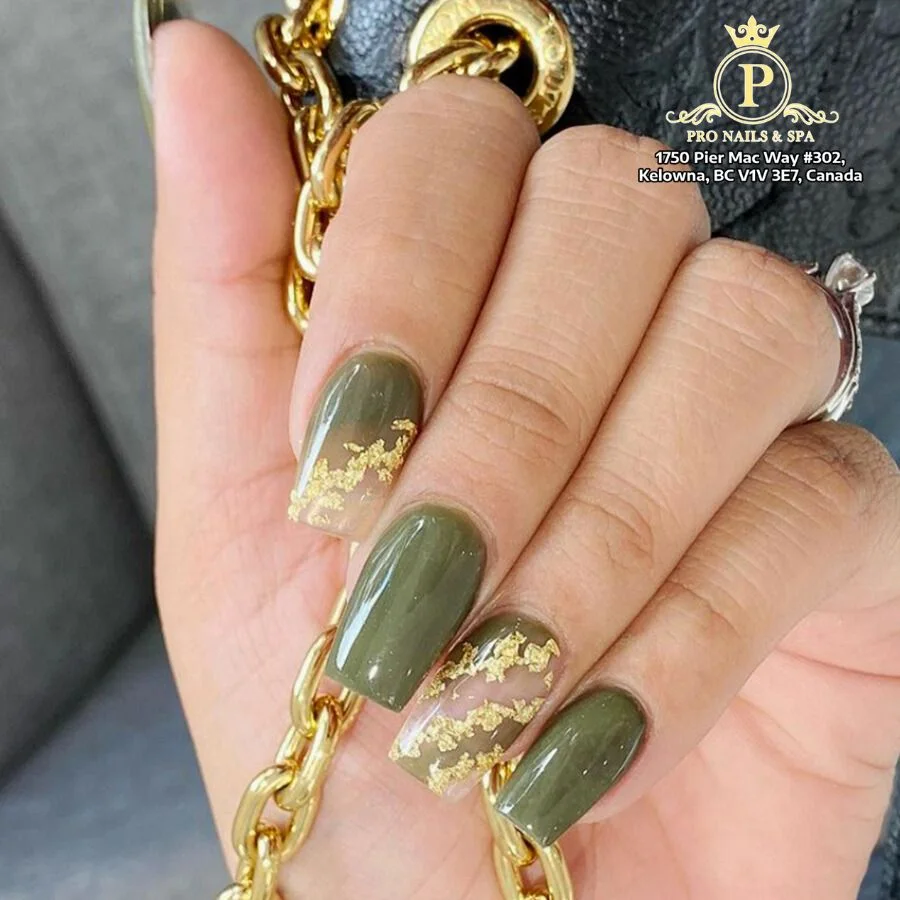 Olive green and gold manicure